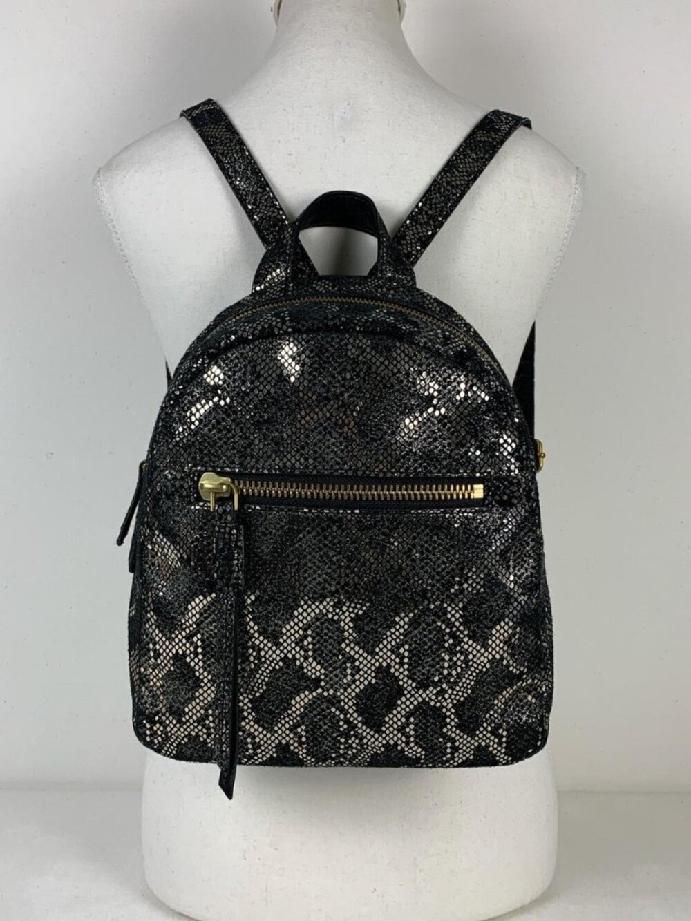Fossil Black Cowhide Leather Snake Emboss Backpack - Stylish & Durable Design